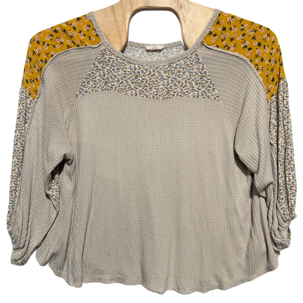 Hummingbird Women's Floral Print Waffle Knit Top Beige Yellow Long Sleeve Large